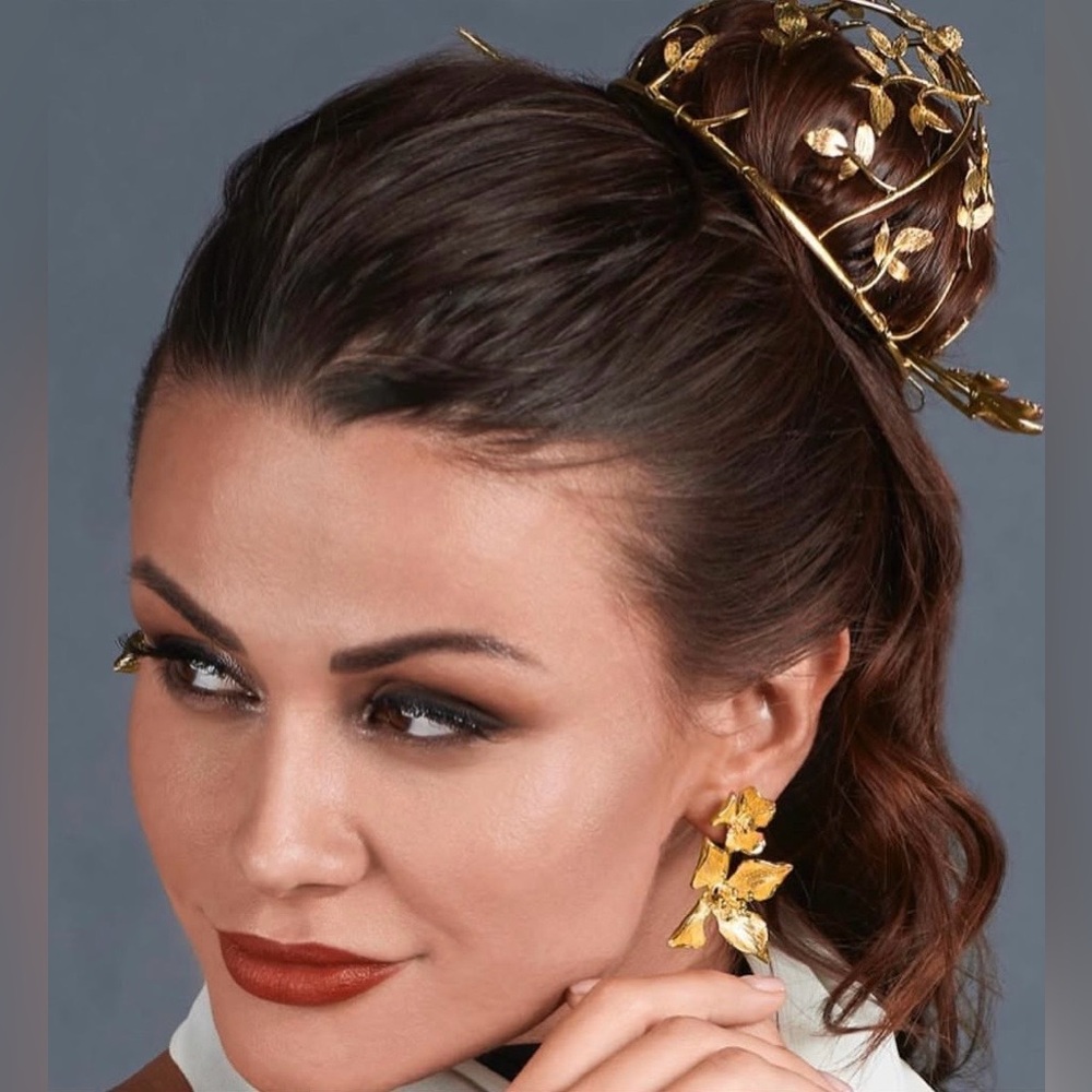 Gold Floral Hair Stick and Half-Crown Hair hair bun. - Picture 2 of 2